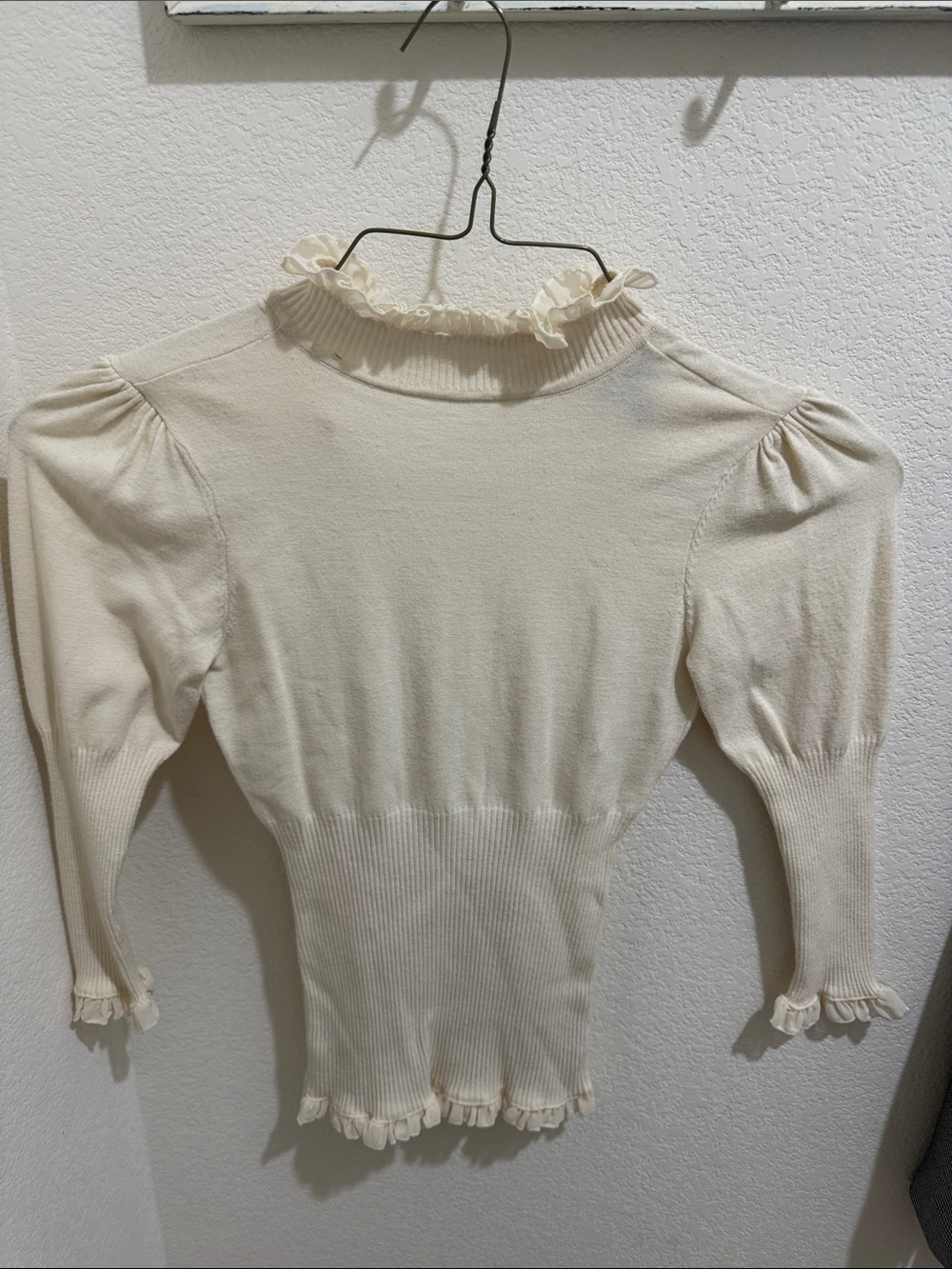 bebe Cream Ruffle-Neck Puff-Sleeve Sweater